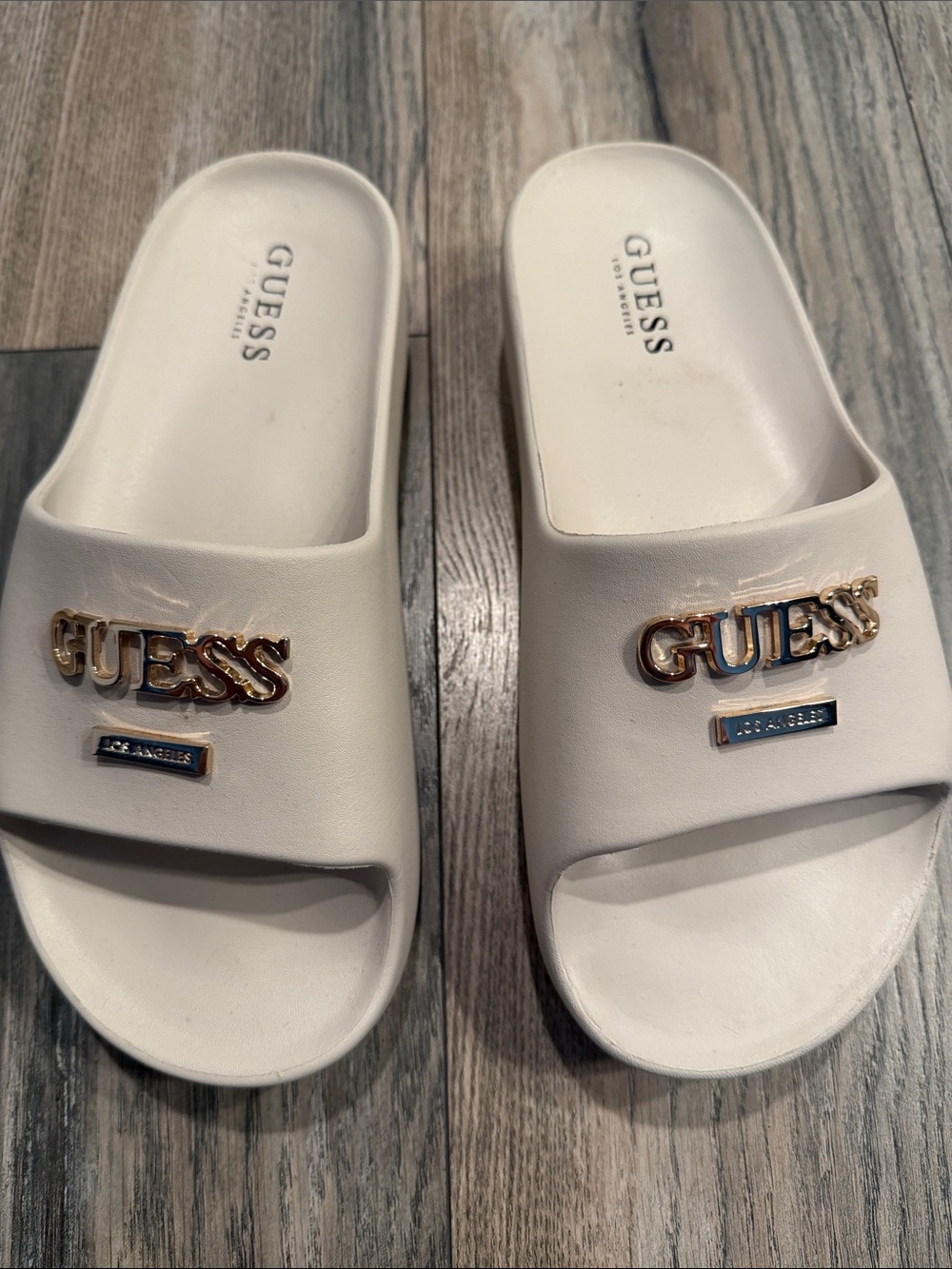 GUESS White Slide Sandals with Gold Logo Plaques